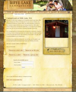 THe home page for RiffeLakeCampgroundwa.com with the booking search box