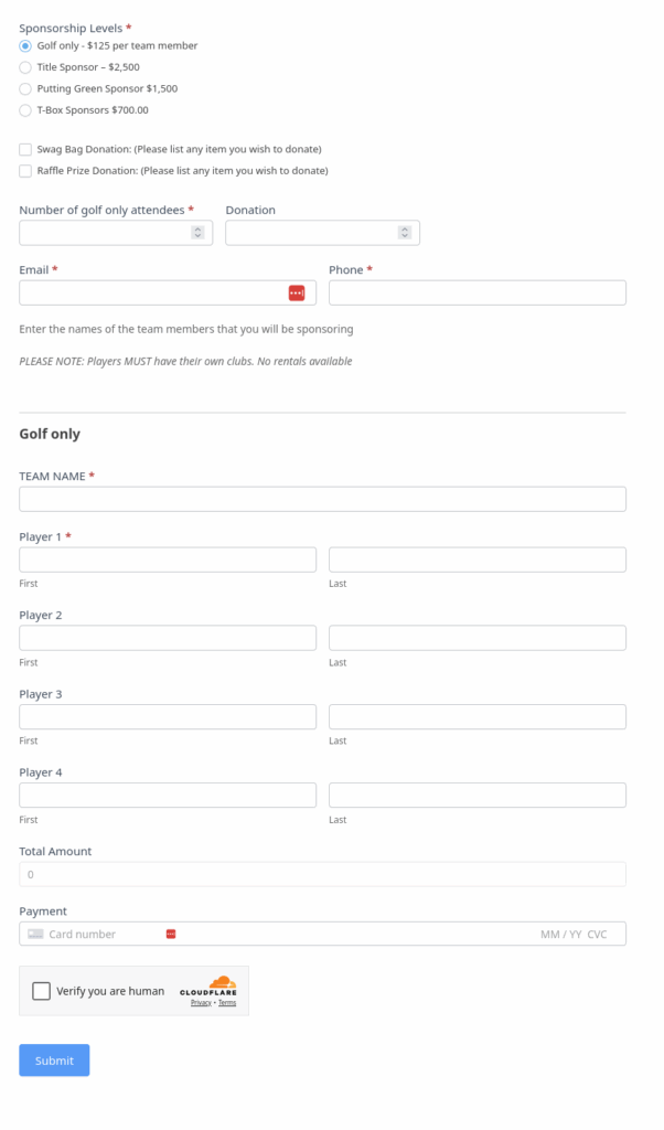 golf tournament registration form setup in Formidable Forms